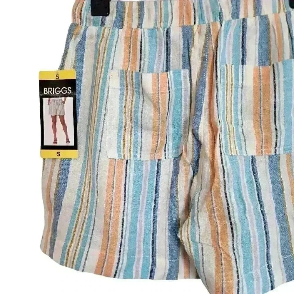 Briggs Women's White/Aqua/Orange Linen/Rayon Drawstring Cuffed Shorts w Pockets